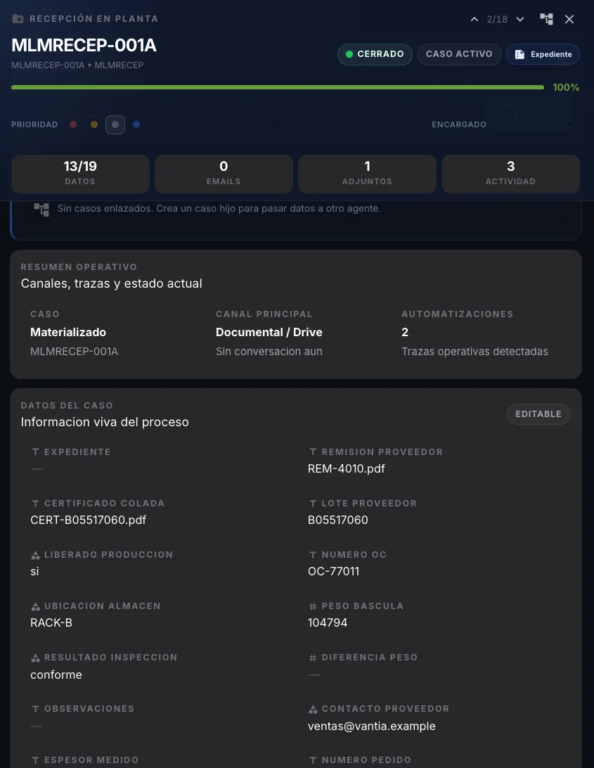 Expediente MLMRECEP-001A cerrado al 100 % con 13 de 19 datos: remisión del proveedor, certificado de colada, lote, orden de compra, liberado a producción, ubicación RACK-B, peso en báscula e inspección conforme