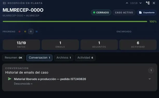 Pestaña de conversación del expediente con el correo Material liberado a producción — pedido IST240826, enviado por el sistema